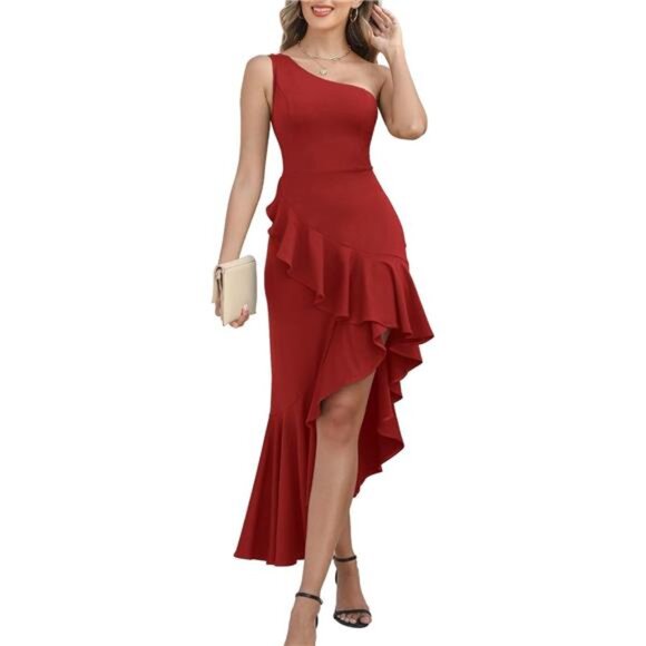 Women's One Shoulder Dress Sleeveless Midi Dress Red - Picture 1 of 6